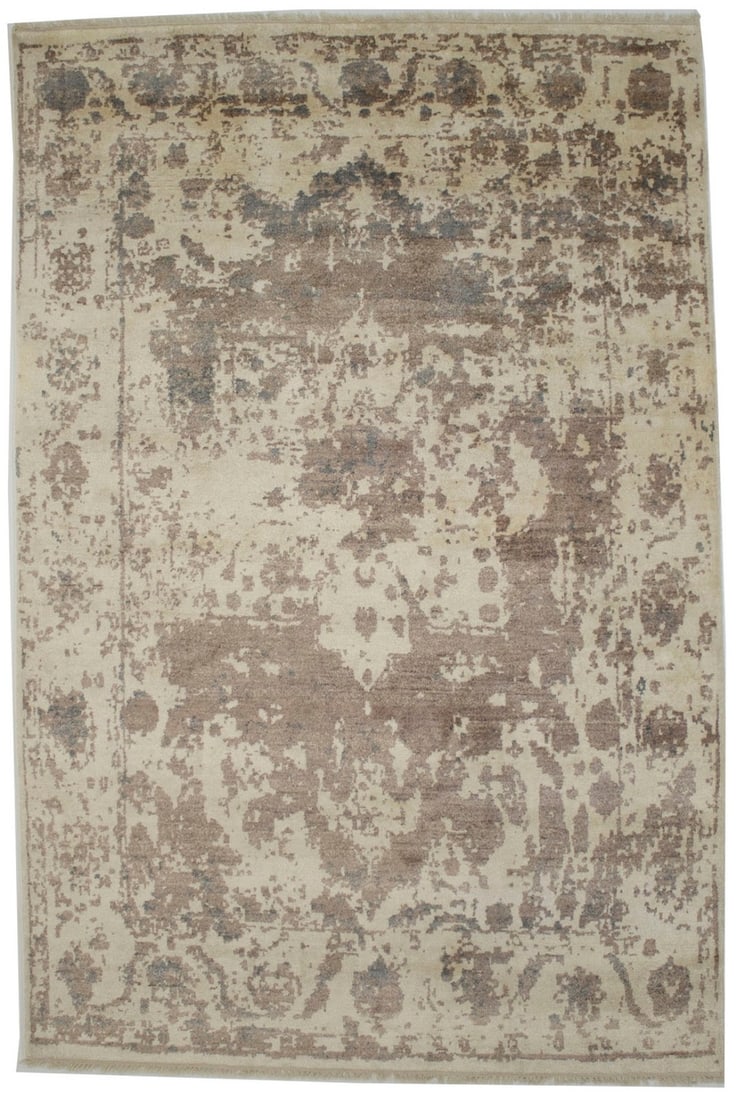 Hand-Knotted Wool and Viscose Modern Area Rug 6x9 ft Abstract Multicolor: Hand-Knotted Wool and Viscose Modern Area Rug 6x9 ft Abstract Multicolor This handmade area rug features a modern abstract pattern in a versatile multicolored palette that includes cream, beige, and b
