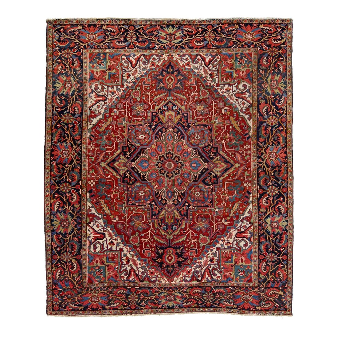 Vintage Red Persian Heriz Wool Rug 9'9 x 11'5 Medallion Design: Vintage Red Persian Heriz Wool Rug 9'9 x 11'5 Medallion Design Enhance your space with this stunning vintage Persian Heriz wool rug, meticulously handmade and showcasing a vibrant red hue. The centerp