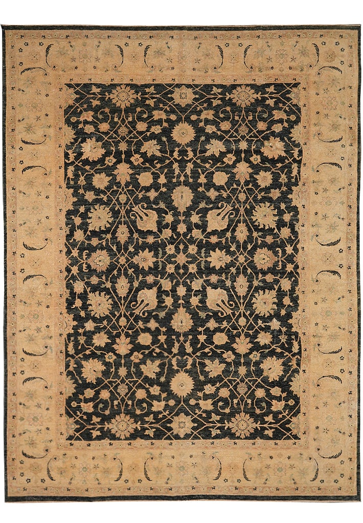 107 x 137 Hand-Knotted Fine Ghazni Wool Zigler Area Rug Black: 107 x 137 Hand-Knotted Fine Ghazni Wool Zigler Area Rug Black Free continental US Shipping Hand-knotted Zigler area rug with a fine Ghazni wool pile and a black field accented by beige and sage green 
