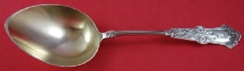 Whiting Alhambra Sterling Silver Goldwashed Vegetable Serving Spoon 8 5/8": Whiting Alhambra Sterling Silver Goldwashed Vegetable Serving Spoon 8 5/8" Sterling silver vegetable serving spoon in the Alhambra pattern by Whiting, featuring a goldwashed bowl and an ornate handle.