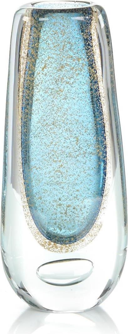 John-Richard Handblown Blue Glass Vase with Gold Accents 14.25H: John-Richard Handblown Blue Glass Vase with Gold Accents 14.25H This exquisite handblown glass vase features a stunning blue finish with elegant gold accents, making it a perfect centerpiece for any r
