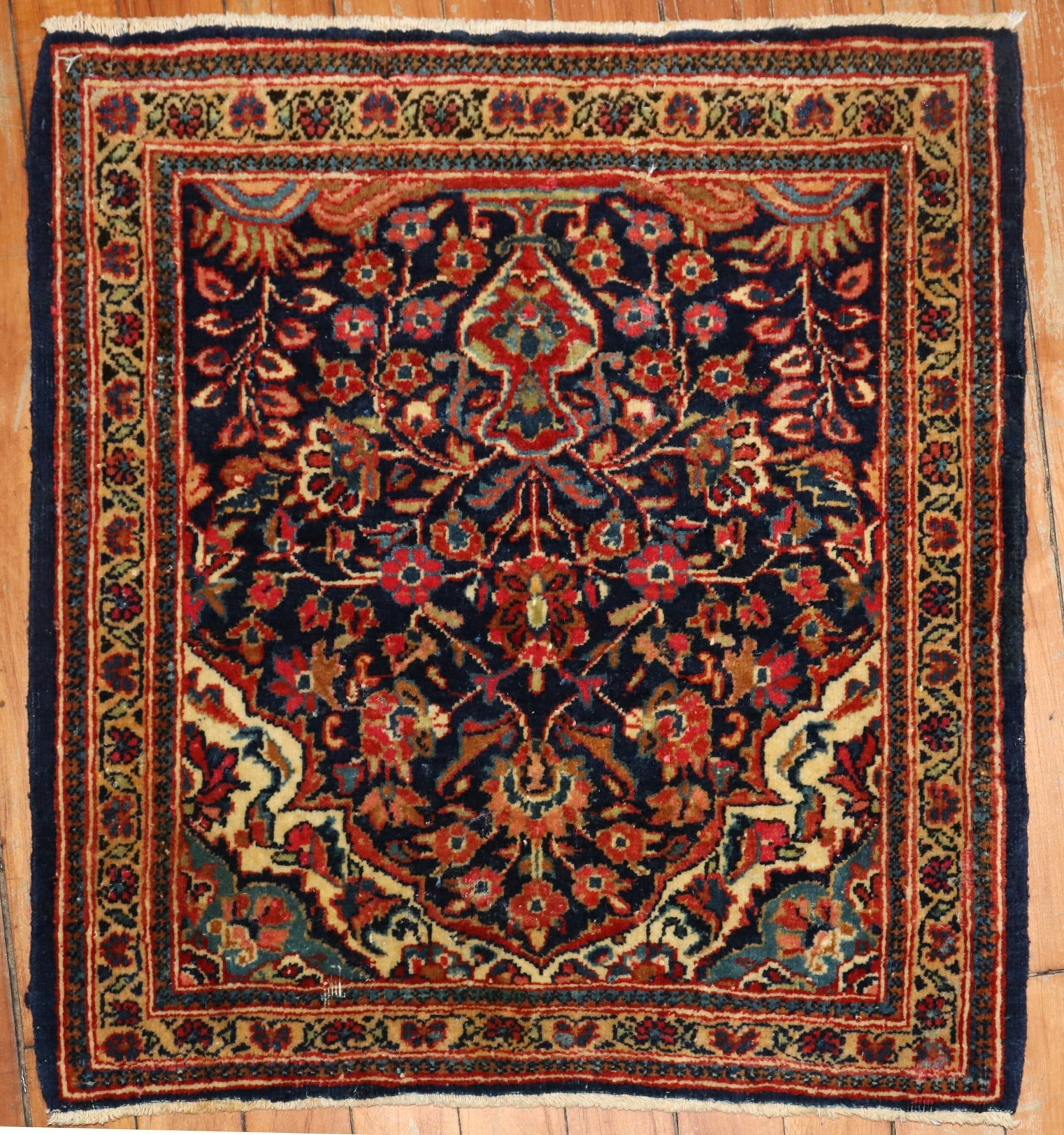 1' 9" x 1' 10" Persian Kashan Square Mat Rug 1930s: 1' 9" x 1' 10" Persian Kashan Square Mat Rug 1930s Antique Persian Kashan mat rug from the 1930s with an intricate patterned design. This pre-owned piece is in good overall condition and is categorize