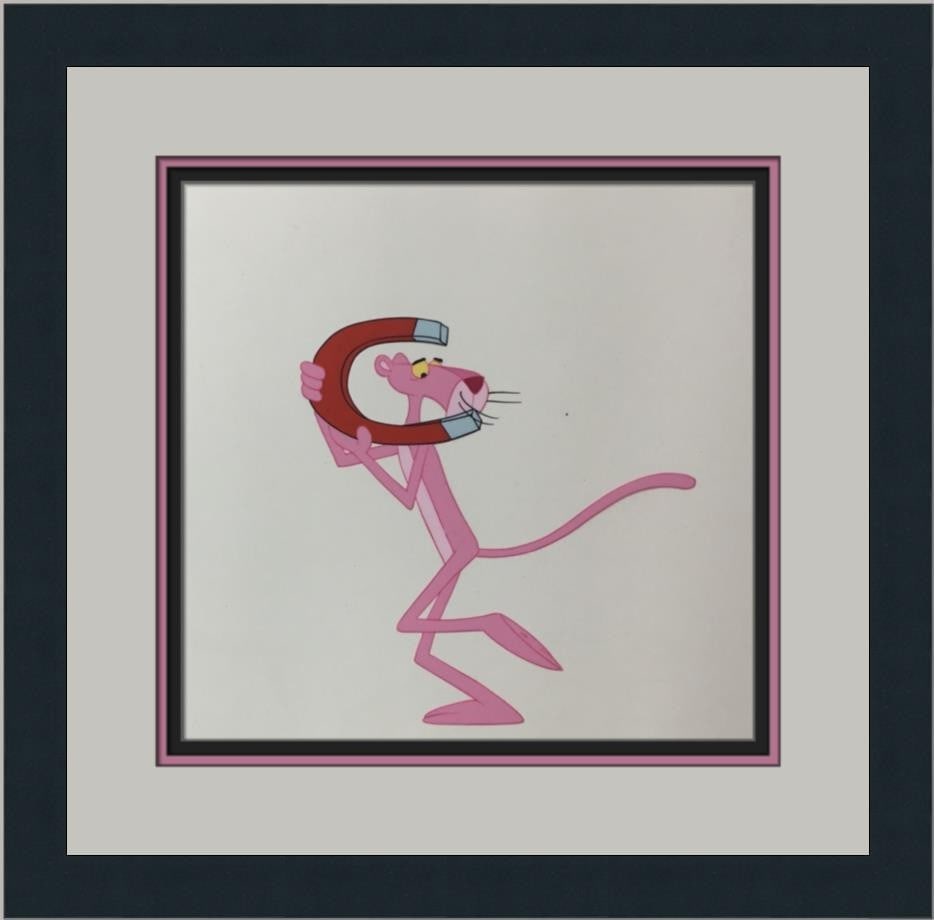 Framed Pink Panther hand painted production cel magnet pose: Framed Pink Panther hand painted production cel magnet pose This is an original hand-painted animation production cel from DePatie-Freleng Enterprises Inc., featuring the iconic Pink Panther character