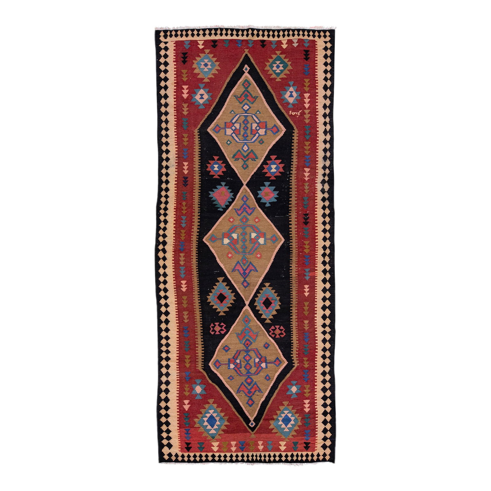 Vintage Turkish Kilim Geometric Wool Rug 6'5 x 12'10 Multicolor: Vintage Turkish Kilim Geometric Wool Rug 6'5 x 12'10 Multicolor This exquisite vintage Turkish Kilim rug is a stunning addition to any space. Hand-knotted from premium wool, it features a warm peach f