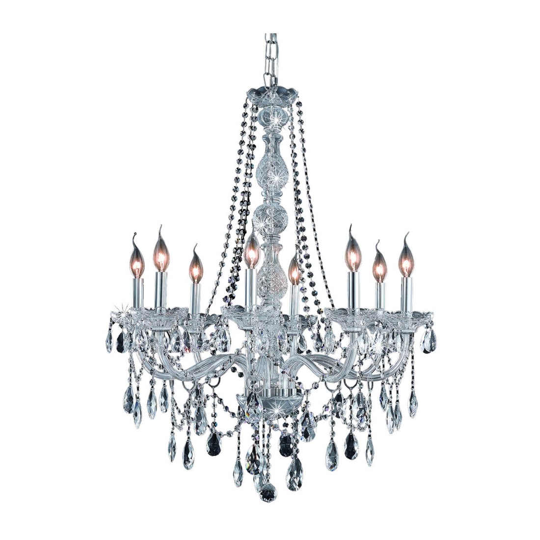 Verona 8 Light Chrome Crystal Chandelier for Dining or Foyer: Verona 8 Light Chrome Crystal Chandelier for Dining or Foyer This pre-owned chandelier features a modern Venetian-inspired design with eight lights, clear royal cut teardrop crystals, and a polished c