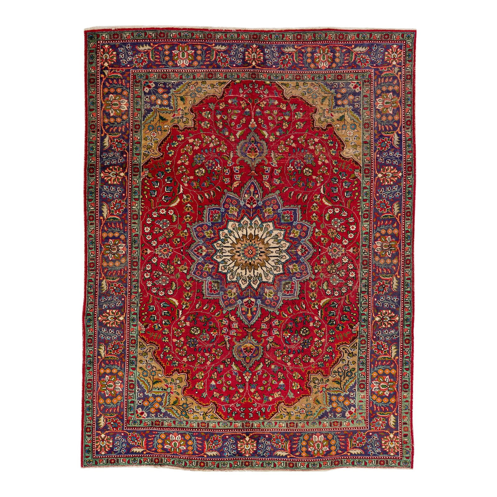 Vintage Persian Tabriz Handmade Red Wool Medallion Rug 7'8 x 10: Vintage Persian Tabriz Handmade Red Wool Medallion Rug 7'8 x 10 This exquisite vintage Persian Tabriz rug showcases a stunning hand-knotted design in rich red wool. The rug features a striking navy bl