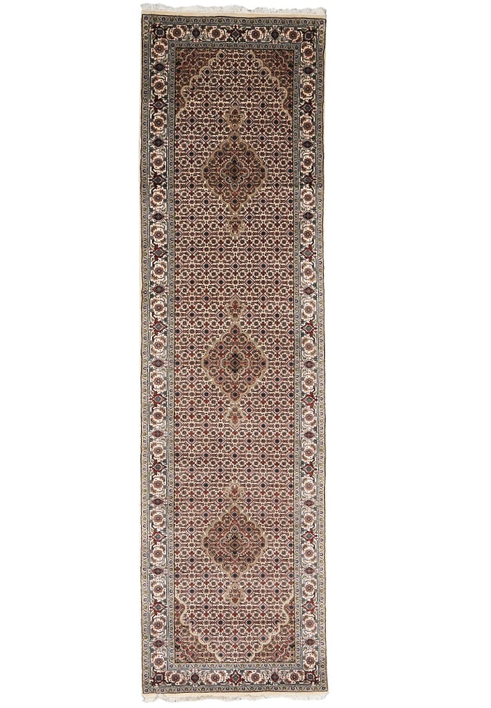 2.9 x 10' Mahi Tabriz Hand Knotted Wool Silk Runner: 2.9 x 10' Mahi Tabriz Hand Knotted Wool Silk Runner Free continental US Shipping This 2.9 x 10 feet Mahi Tabriz runner is hand-knotted in a fine Persian style using a blend of wool and silk. It featur