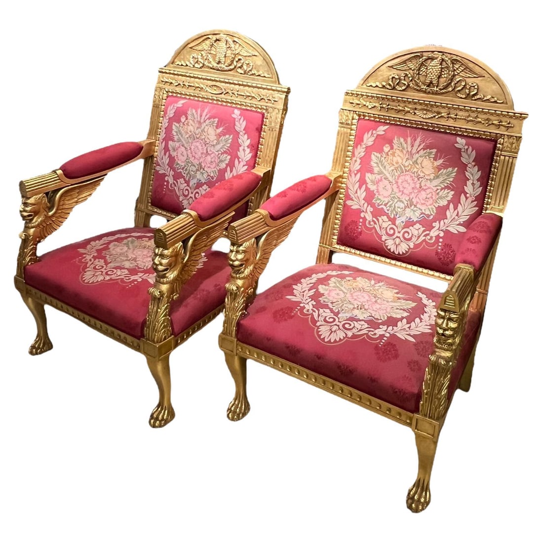 Set of 2 Vintage Empire Style Giltwood Fauteuil Armchairs with Red Upholstery: Set of 2 Vintage Empire Style Giltwood Fauteuil Armchairs with Red Upholstery This pair of large hand-carved armchairs features a classic French Empire style, crafted from giltwood and upholstered in 