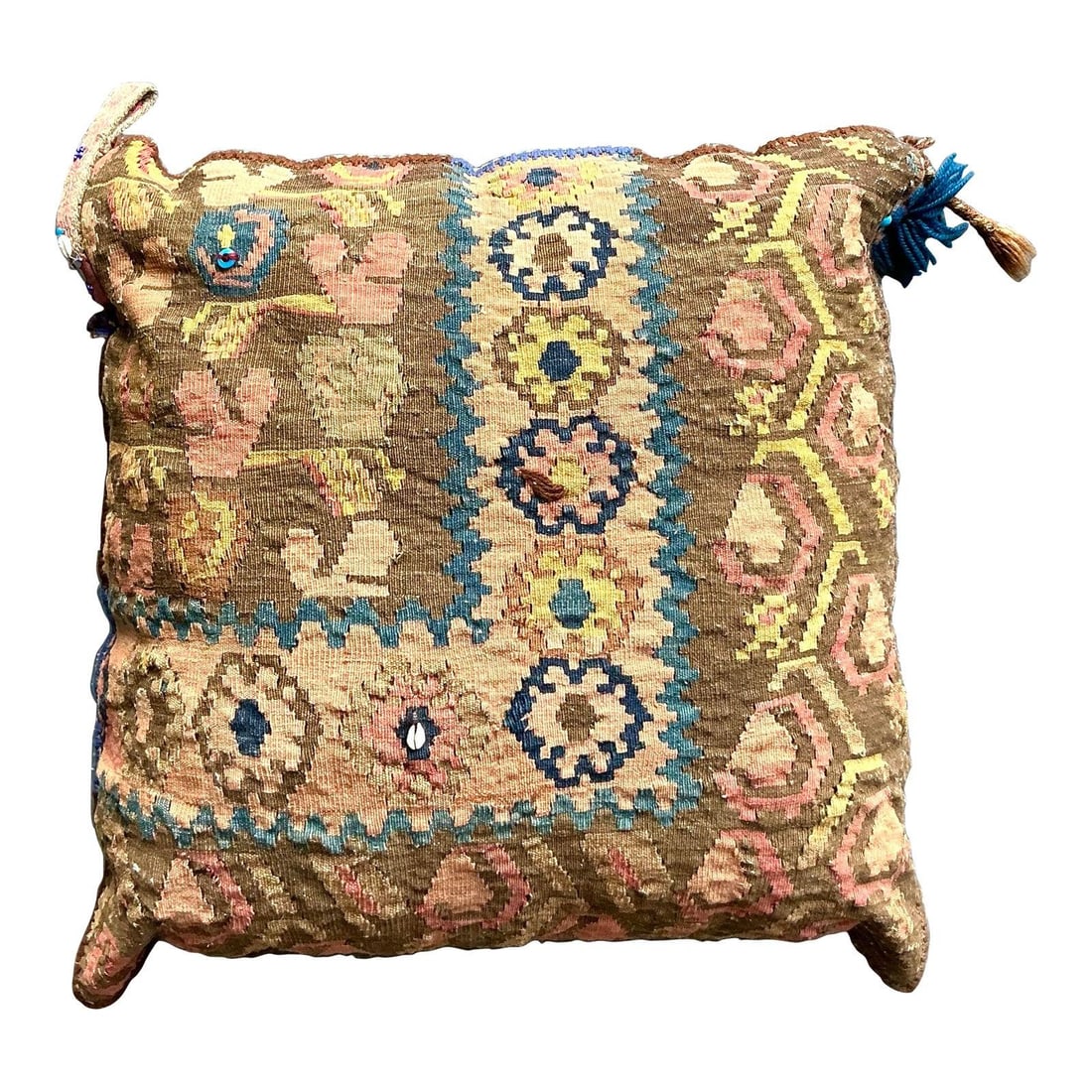 Handwoven Kilim Wool Pillow With Tribal Patterns and Tassel Accents 25 Inch: Handwoven Kilim Wool Pillow With Tribal Patterns and Tassel Accents 25 Inch This vintage throw pillow is crafted from genuine hand-woven Kilim rug fragments, showcasing rich textural detail and earthy