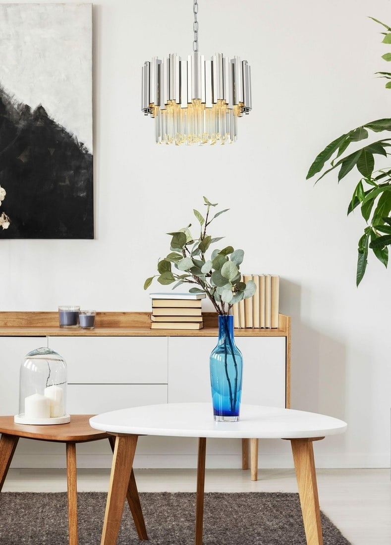Willow 4-Light Chrome Crystal Pendant Chandelier 16 Inch: Willow 4-Light Chrome Crystal Pendant Chandelier 16 Inch This modern crystal chandelier pendant light features a polished chrome frame with clear royal cut crystals, creating an elegant focal point fo