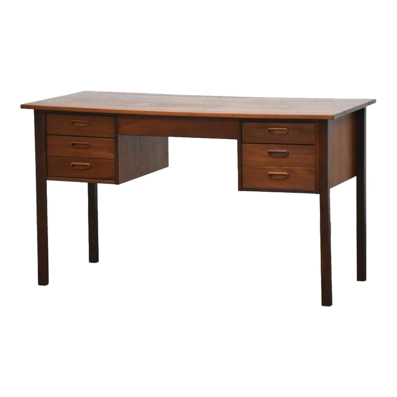 1960s Danish Modern Teak Desk Double Bank Professionally Refinished: 1960s Danish Modern Teak Desk Double Bank Professionally Refinished This exquisite mid-century modern teak desk showcases a refined double bank design, featuring inset pulls and a beautifully finished