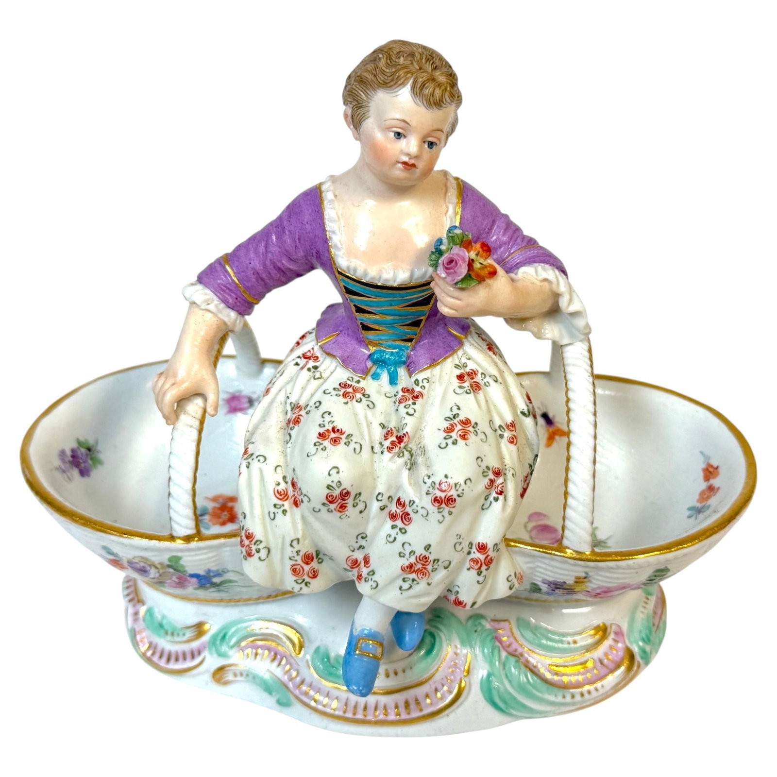Meissen porcelain sweetmeat dish with seated maiden and floral baskets (1 of 13)