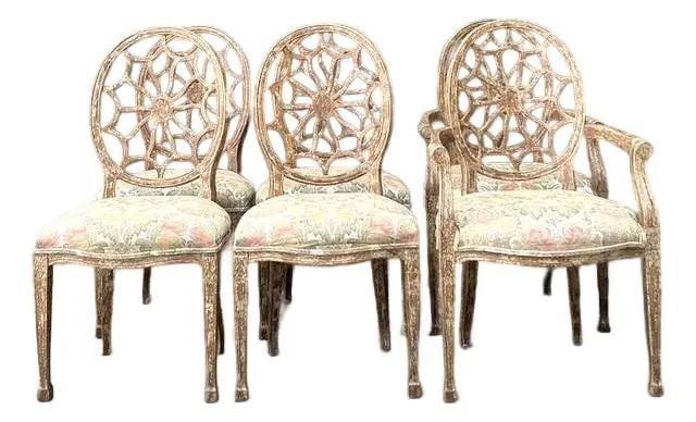 Set of 6 Hollywood Regency Spiderweb Back Dining Chairs Gold Gilt Finish: Set of 6 Hollywood Regency Spiderweb Back Dining Chairs Gold Gilt Finish This set of six vintage dining chairs showcases striking Hollywood Regency style, inspired by Neoclassical design. Each chair f