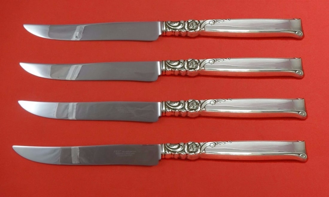 Oneida Silver Rose 4pc Sterling Silver Steak Knife Set Texas Sized (1 of 1)