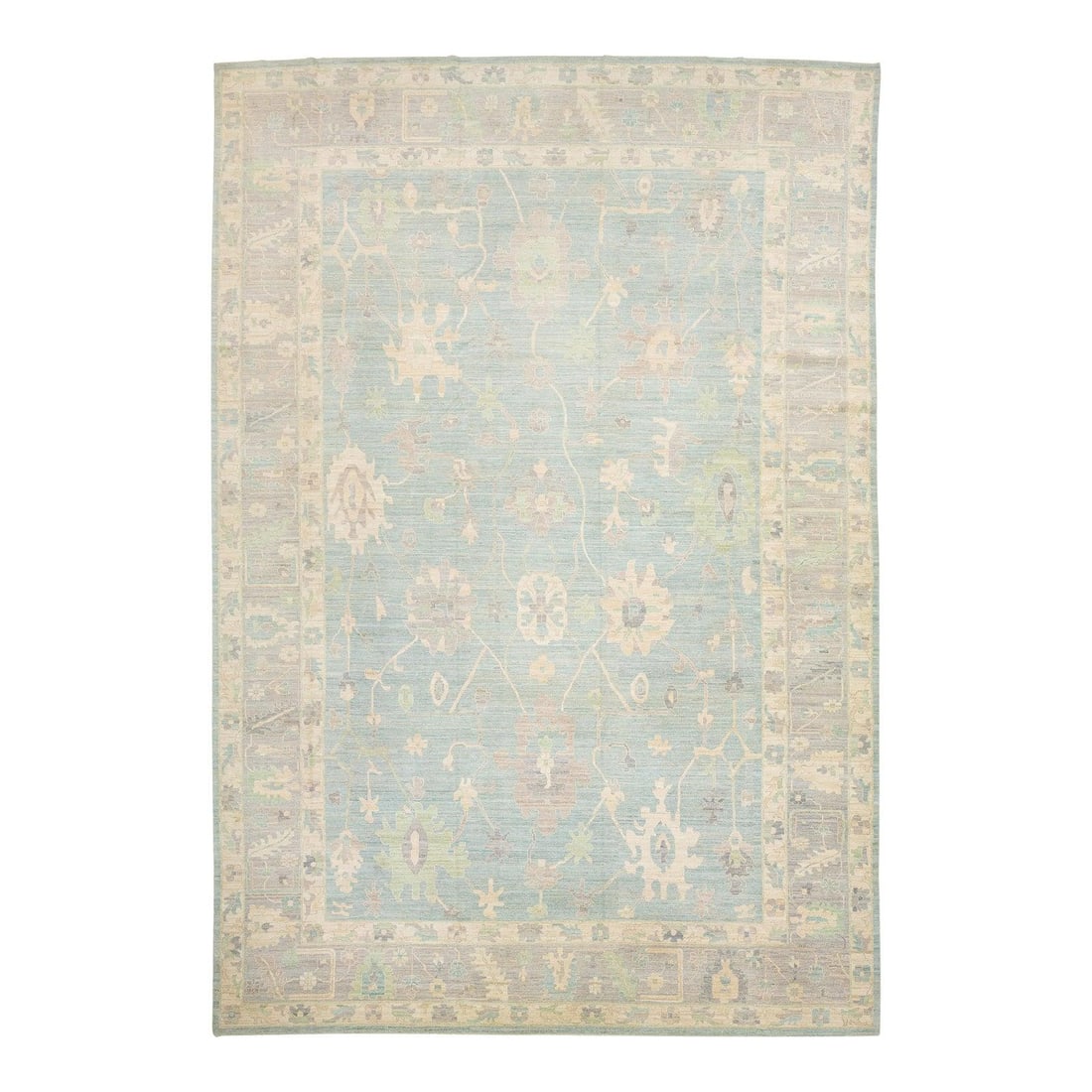 13'11" x 20'5" Hand Knotted Wool Oushak Style Rug Blue Ivory Beige: 13'11" x 20'5" Hand Knotted Wool Oushak Style Rug Blue Ivory Beige Hand-knotted in an Oushak style, this contemporary wool rug features a soft palette of duck egg blue, muted beige, ivory, moss green,