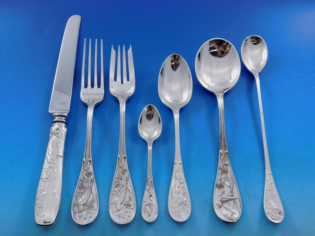 74 Piece Tiffany Co Audubon Sterling Flatware Service for 10: 74 Piece Tiffany Co Audubon Sterling Flatware Service for 10 Audubon by Tiffany & Co. sterling silver flatware set with service for 10, comprising 74 pieces in the celebrated Audubon pattern. The set 