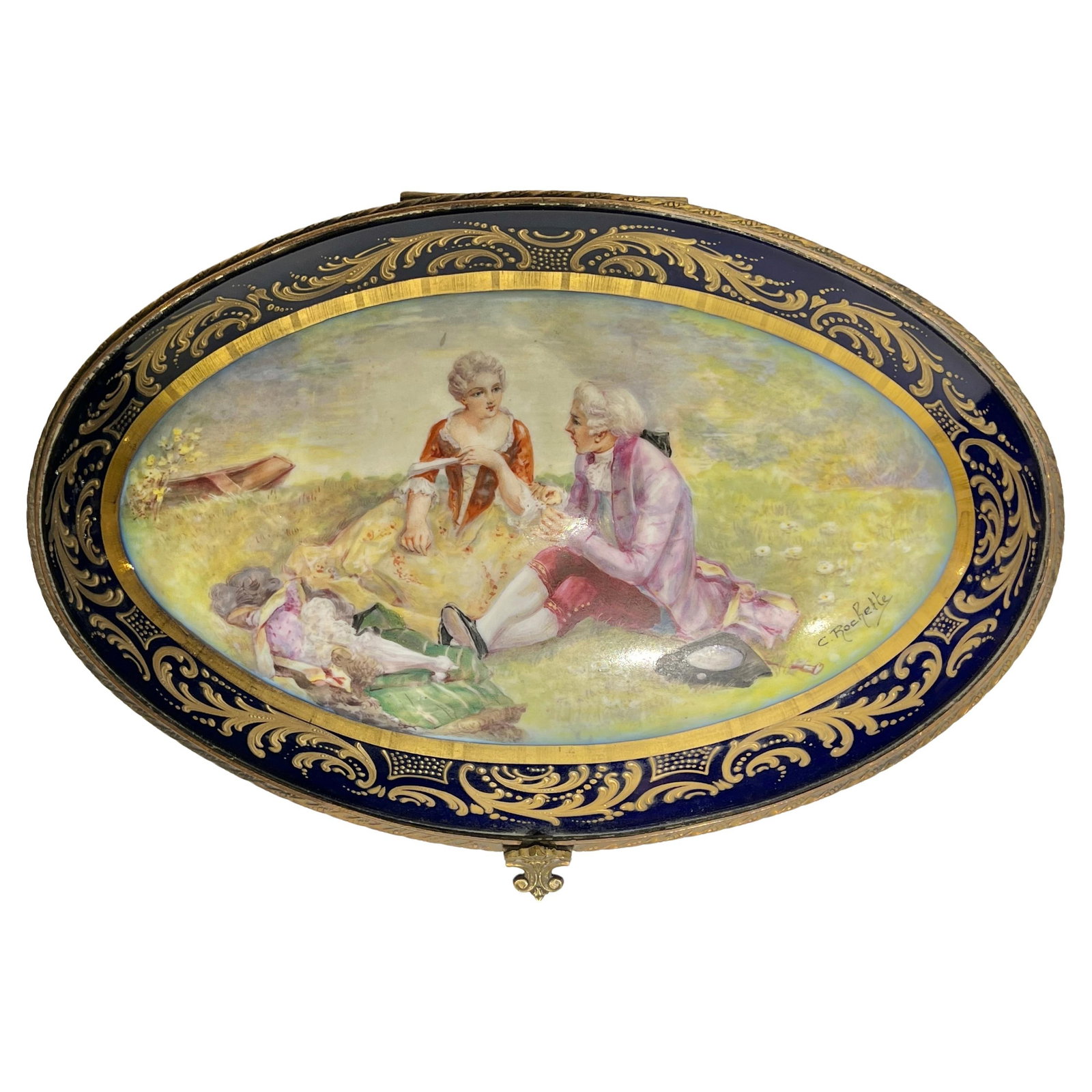 Louis XV French Porcelain Jewelry Casket Signed C Rochette Early 1900s: Louis XV French Porcelain Jewelry Casket Signed C Rochette Early 1900s This large antique Sevres style porcelain dresser box features a Louis XV design, crafted in France in the early 20th century. Th