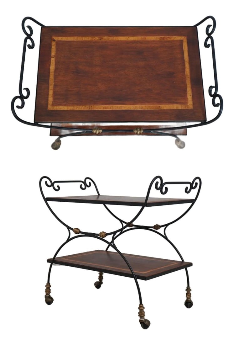 Traditional Mahogany Bar Cart with Wrought Iron Base 36.5w x 22d x 34.5h: Traditional Mahogany Bar Cart with Wrought Iron Base 36.5w x 22d x 34.5h Traditional rolling bar cart with a wrought iron base and inlaid wood surfaces. This pre-owned piece features brass-capped feet