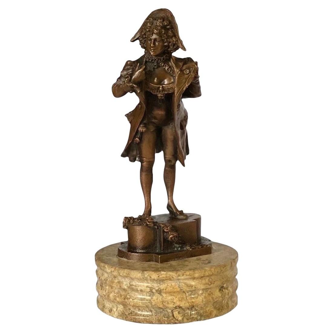19th Century French Napoleonic Bronze Figurine on Marble Base: 19th Century French Napoleonic Bronze Figurine on Marble Base This exquisite 19th Century French Napoleonic Era figurine features a dressed female figure crafted from bronze, elegantly mounted on a ma