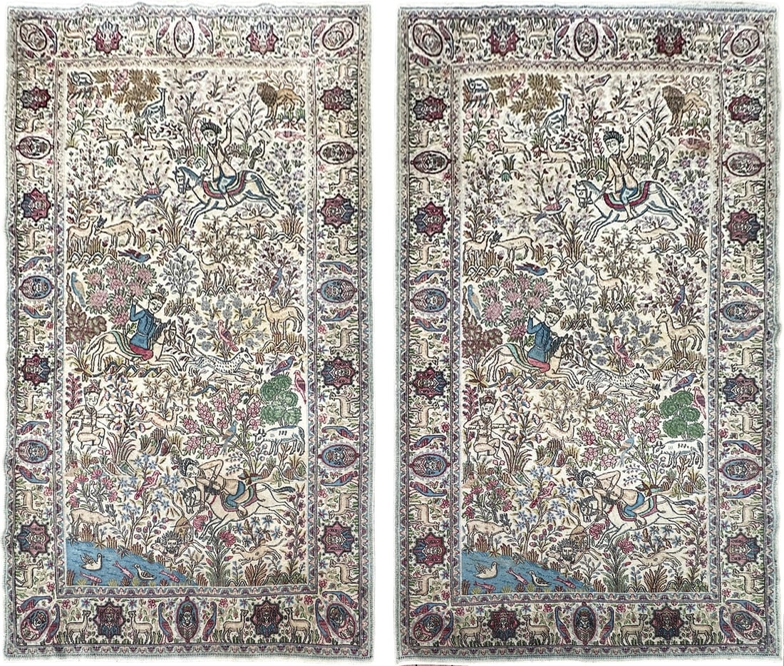 Pair of 5 x 9 Wool Indian Agra Hunting Scene Rugs C.1920: Pair of 5 x 9 Wool Indian Agra Hunting Scene Rugs C.1920 Matching pair of antique Indian Agra hand-knotted wool rugs with a figural hunting scene design. The ivory, burgundy, and light blue palette is