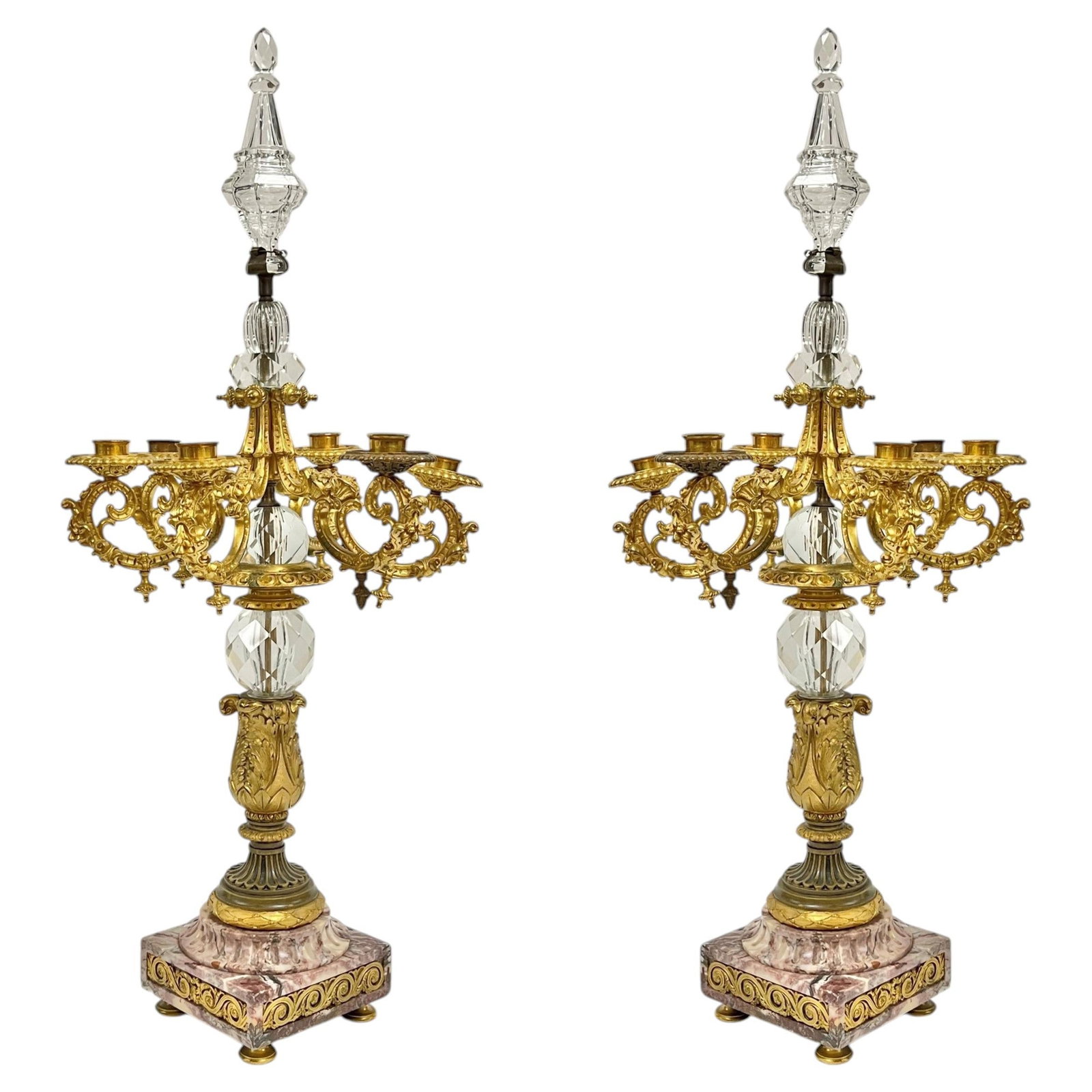 Set of 2 Louis XVI gilt bronze 6-light candelabra with marble crystal (1 of 16)