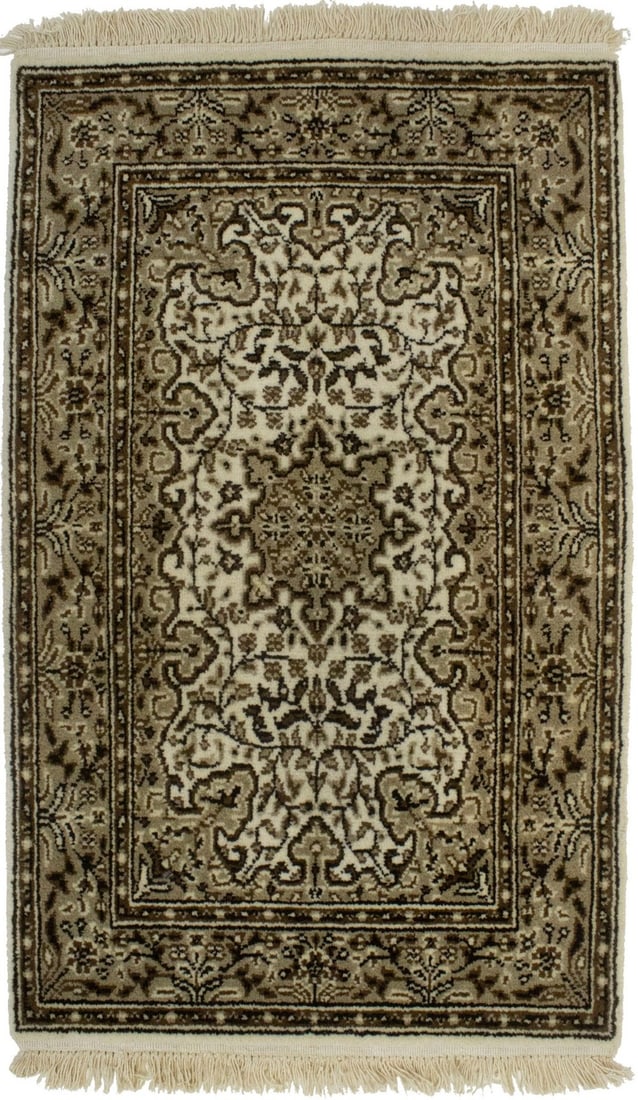 Hand-Knotted Wool Cream Floral Kirman Area Rug 2x3 Feet Vintage Look: Hand-Knotted Wool Cream Floral Kirman Area Rug 2x3 Feet Vintage Look This handmade Kirman Oriental rug features a vintage-style floral pattern in cream, brown, and khaki tones. Expertly hand-knotted f