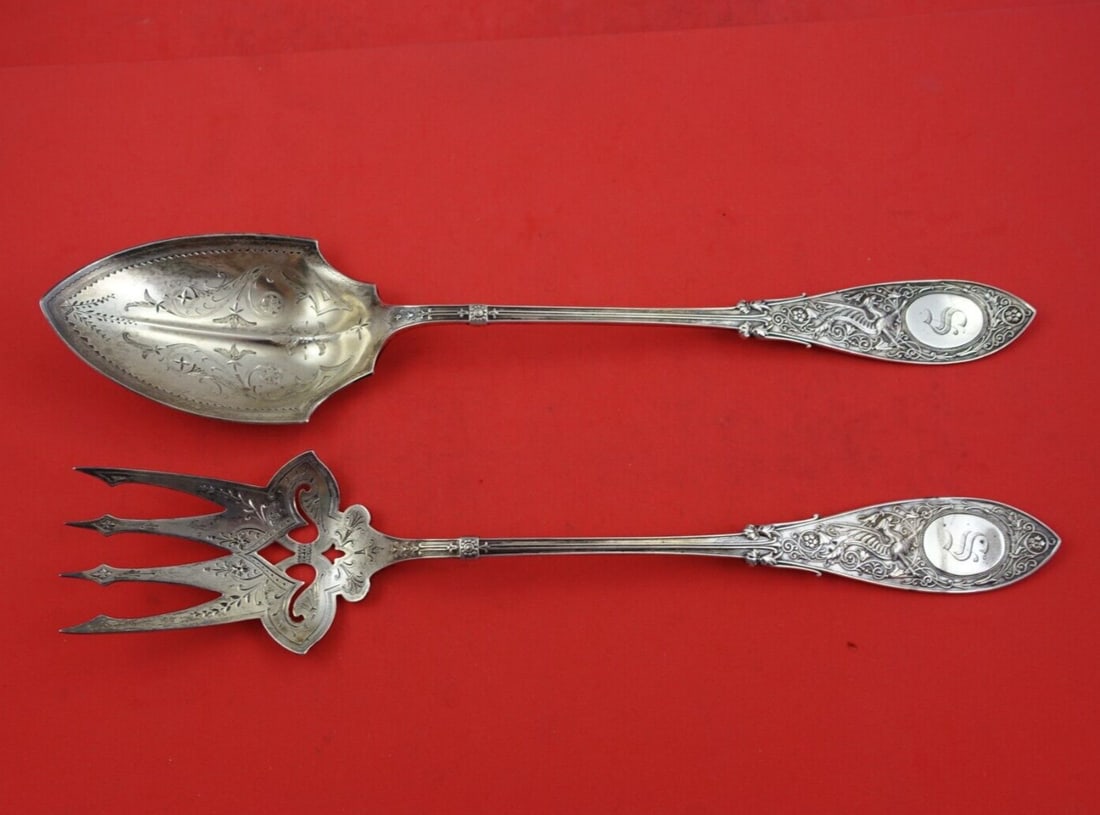 2pc Sterling Silver Salad Servers Whiting Arabesque Bright Cut 12 1/2" (1 of 3)