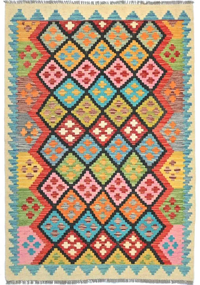 Handmade Wool Kilim Tribal Rug 4'2 x 5'11 Multicolor Geometric Reversible: Handmade Wool Kilim Tribal Rug 4'2 x 5'11 Multicolor Geometric Reversible This hand-woven Kilim rug features a vibrant multicolor geometric design with a flat pile, making it both visually striking an