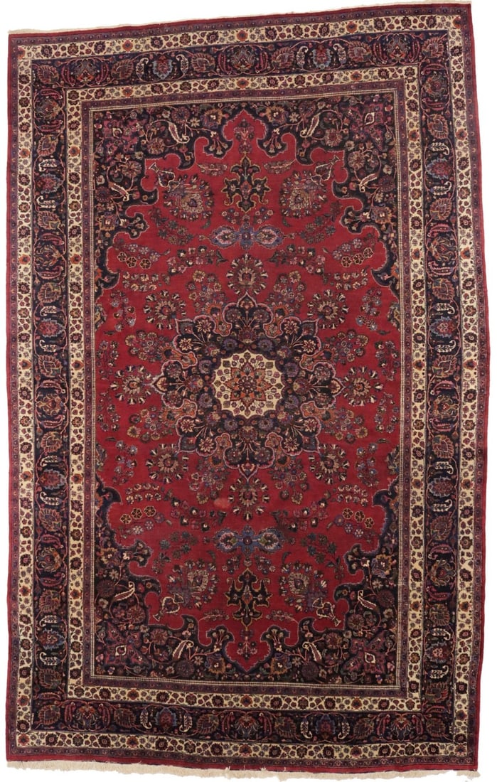10'5X16'7 Hand Knotted Wool Oriental Rug Traditional Floral Design: 10'5X16'7 Hand Knotted Wool Oriental Rug Traditional Floral Design Oversized antique handmade Oriental rug with a traditional floral design and a richly colored palette including red, dark purple-navy