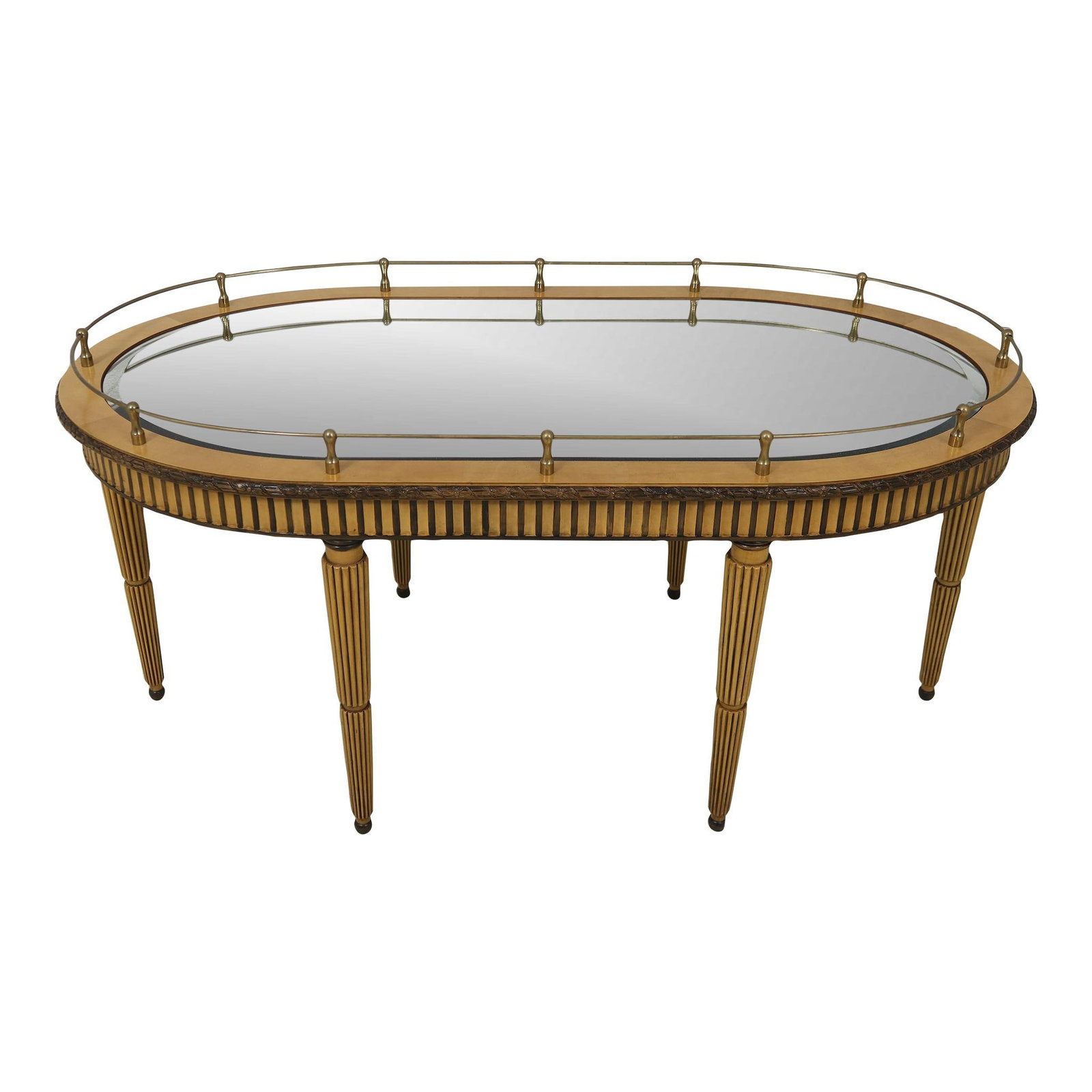 Ej Victor Louis XVI Coffee Table Satinwood Beveled Glass Brass Accents: Ej Victor Louis XVI Coffee Table Satinwood Beveled Glass Brass Accents This elegant French Louis XVI decorator coffee table showcases exquisite craftsmanship with a satinwood finish complemented by da
