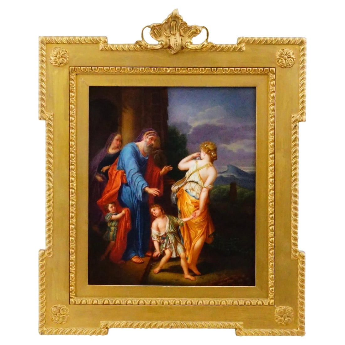 Hand-Painted KPM Porcelain Plaque Abraham Banishes Hagar and Ishmael in Giltwood Frame: Hand-Painted KPM Porcelain Plaque Abraham Banishes Hagar and Ishmael in Giltwood Frame This large hand-painted porcelain plaque from KPM depicts the biblical scene of Abraham expelling Hagar and her s