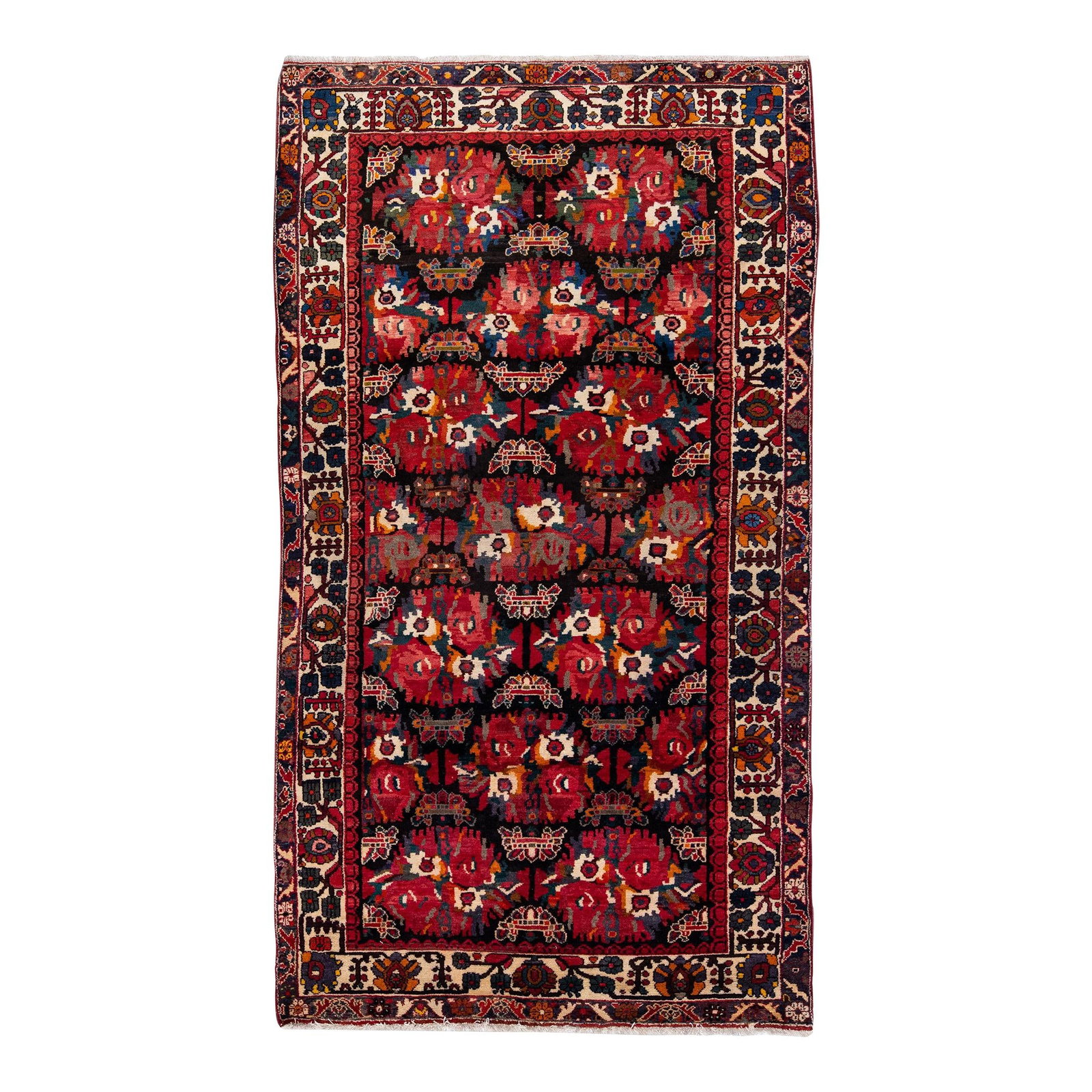 Vintage Persian Bakhtiari Hand-Knotted Wool Rug Red Geometric Design: Vintage Persian Bakhtiari Hand-Knotted Wool Rug Red Geometric Design This exquisite vintage Persian Bakhtiari rug showcases a stunning hand-knotted design with a vibrant red color field. Encased in a 