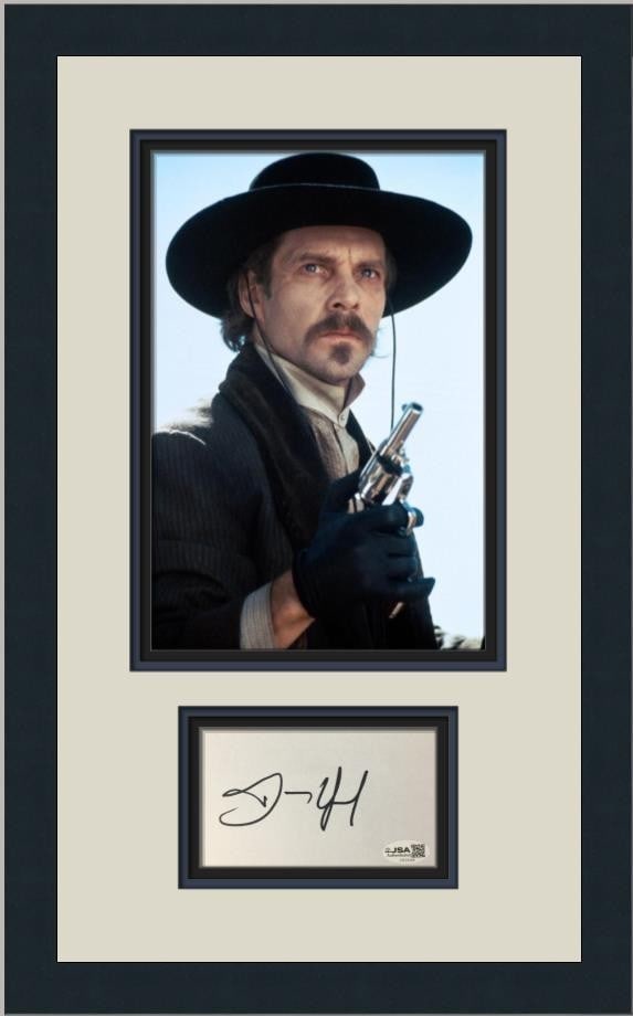 Custom Framed Dennis Quaid Cut Card Signature JSA Certified Display: Custom Framed Dennis Quaid Cut Card Signature JSA Certified Display Custom framed display featuring an original Dennis Quaid signed cut card alongside a color photograph of the actor as Doc Holliday i