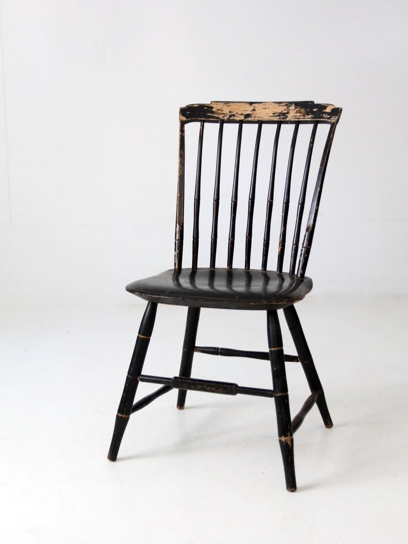 Vintage Birdcage Style Antique Windsor Chair with Black and Gold Accents: Vintage Birdcage Style Antique Windsor Chair with Black and Gold Accents This antique Windsor chair showcases a classic birdcage style spindle back design, beautifully adorned with original black pain