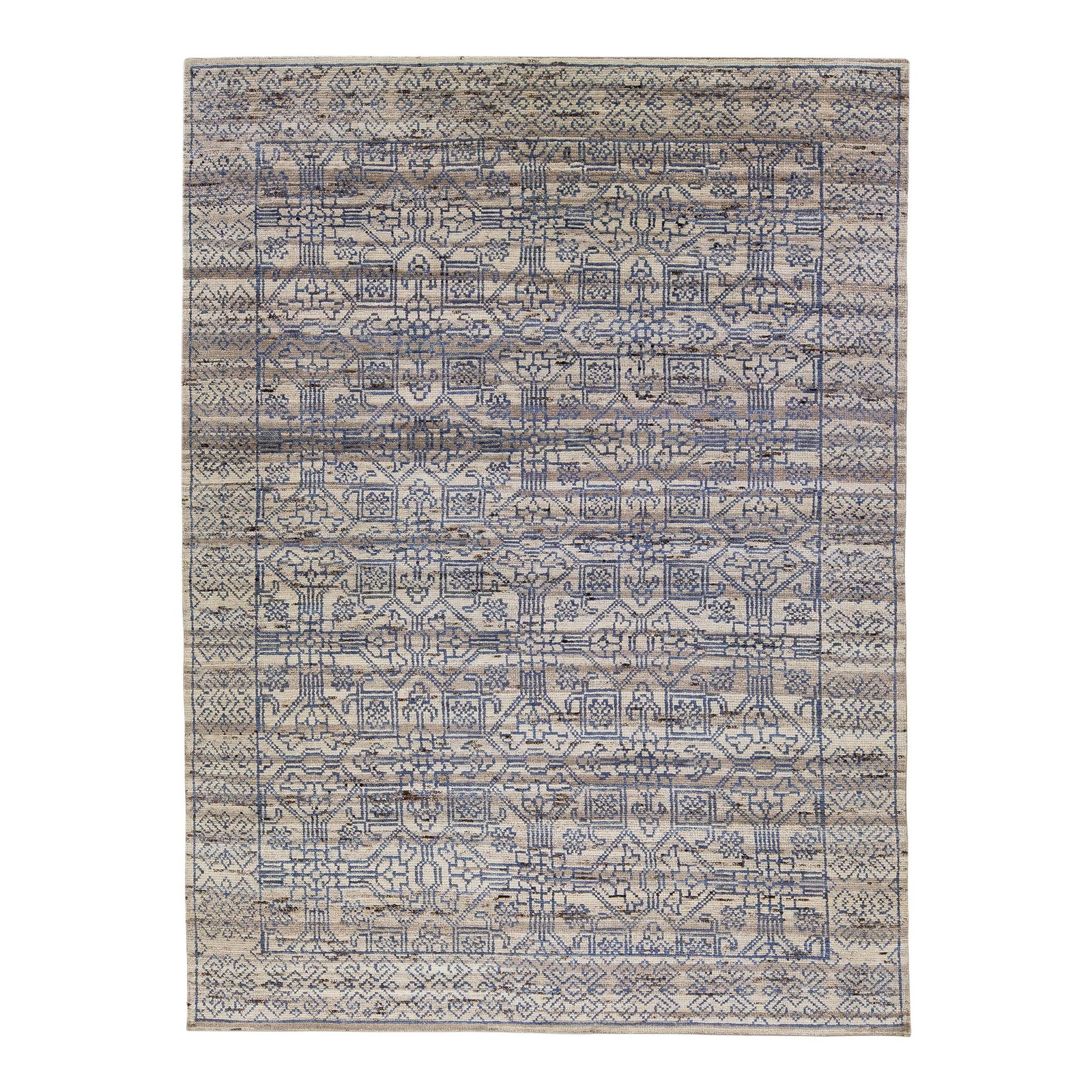 Handmade Gray Geometric Wool Rug 10'2" x 13'9": Handmade Gray Geometric Wool Rug 10'2" x 13'9" Transform your living space with this exquisite handmade wool rug from the Artisan line, showcasing a stunning all-over geometric design on a soft gray f