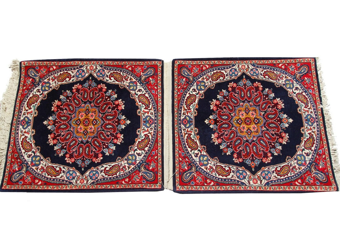 Pair of Vintage Handmade Wool Oriental Square Rugs Floral Medallion: Pair of Vintage Handmade Wool Oriental Square Rugs Floral Medallion This is a vintage pair of handmade Persian Ghom area rugs, each featuring a traditional geometric and floral medallion design. Craft