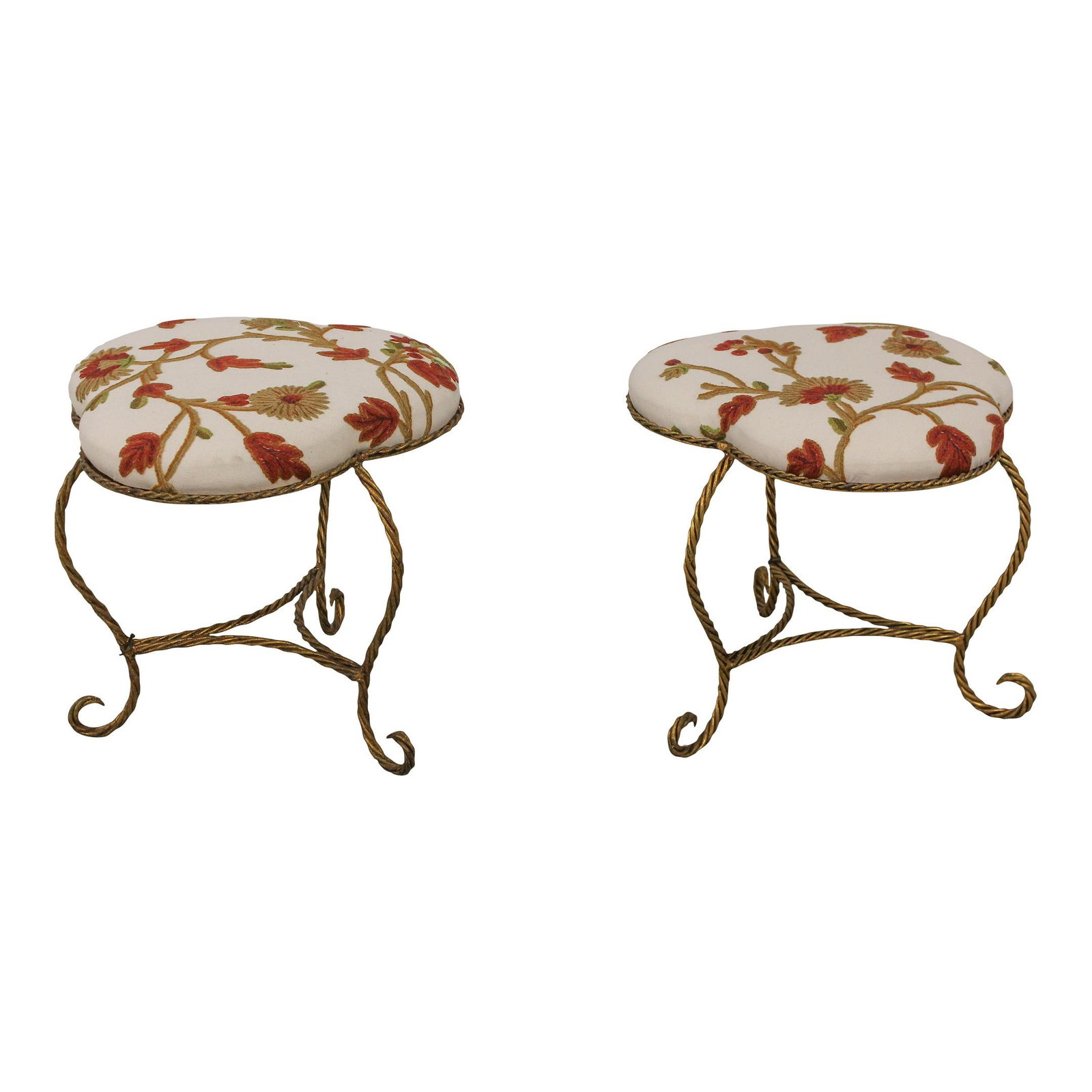 Elegant Pair of Gold Gilt Clover Iron Stools with Crewel Upholstery: Elegant Pair of Gold Gilt Clover Iron Stools with Crewel Upholstery This exquisite pair of clover-shaped stools features a beautifully upholstered crewel work seat, showcasing quality craftsmanship an