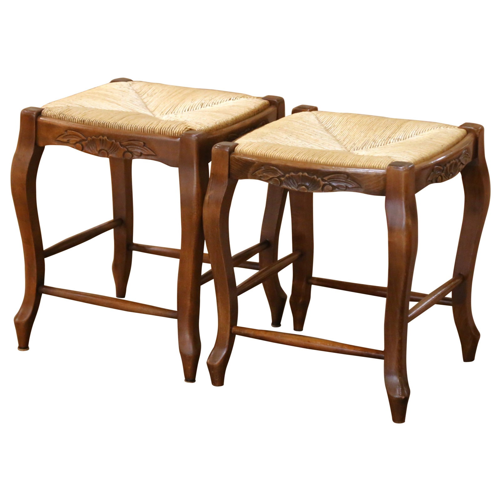 Set of 2 Normandy French Louis XV Style Beech Rush Seat Stools (1 of 8)