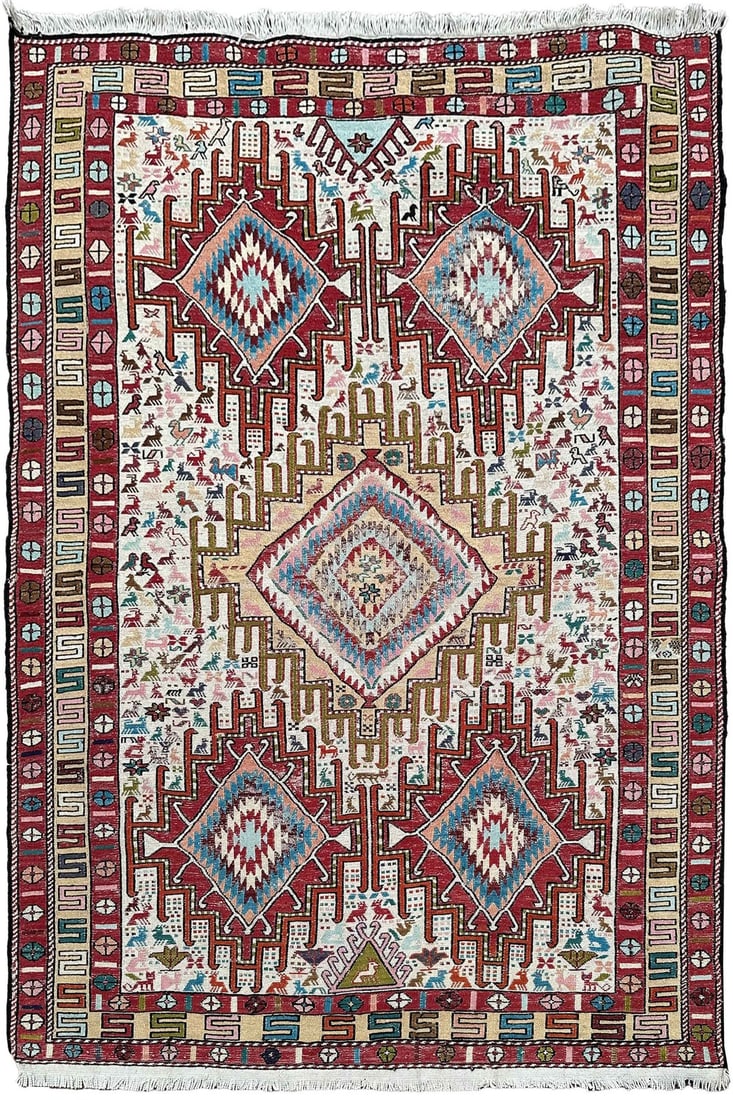 105cm x 148cm Silk Soumak Rug with Birds and Tribal Geometrics: 105cm x 148cm Silk Soumak Rug with Birds and Tribal Geometrics Vintage handmade silk Soumak rug with a red tribal geometric design featuring birds, animal motifs, and bold medallions. This rectangular