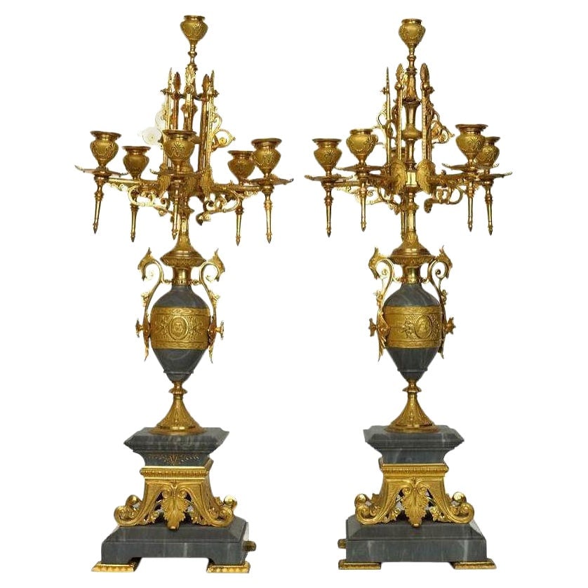 Set of Two Neo-Grecian Gilt Bronze and Bleu Turquin Marble Candelabra: Set of Two Neo-Grecian Gilt Bronze and Bleu Turquin Marble Candelabra This pair of French 19th-century candelabra features exceptional Neo-Grecian design in the Greek Revival style. Each candelabrum i