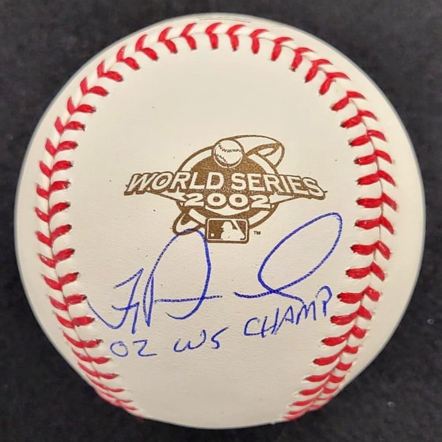 Troy Percival Signed 2002 World Series Baseball BAS Authenticated: Troy Percival Signed 2002 World Series Baseball BAS Authenticated Original Troy Percival autographed baseball commemorating the 2002 World Series with the inscription "02 WS Champ." A pre-owned collec