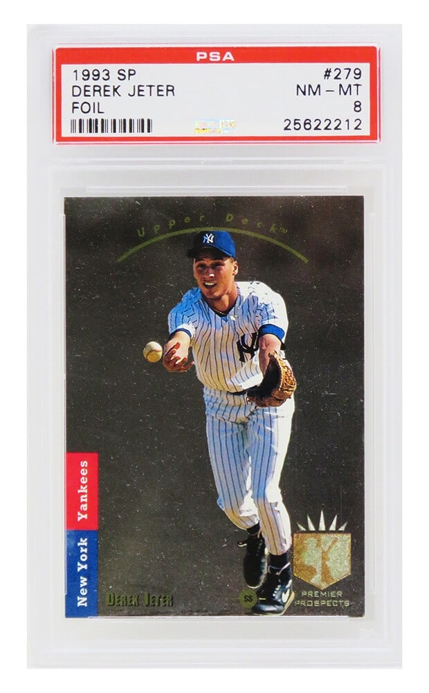 Derek Jeter 1993 SP Foil Rookie Card #279 PSA 8 New York Yankees: Derek Jeter 1993 SP Foil Rookie Card #279 PSA 8 New York Yankees Own a piece of baseball history with this Derek Jeter 1993 SP Foil Rookie Card #279, encapsulated and graded NM-MT (Near Mint-Mint) 8 b