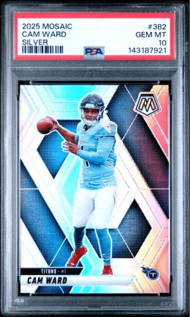 PSA 10 Cam Ward 2025 Panini Mosaic Silver RC #382: PSA 10 Cam Ward 2025 Panini Mosaic Silver RC #382 Graded 2025 Panini Mosaic Cam Ward #382 Silver rookie sports trading card. This multicolor paper card features Cam Ward with the Tennessee Titans and 