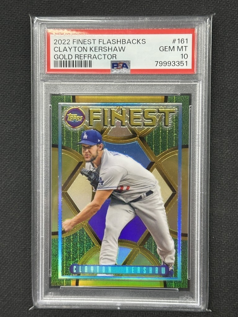 PSA 10 Clayton Kershaw 2022 Topps Finest Flashbacks Gold Refractor #161: PSA 10 Clayton Kershaw 2022 Topps Finest Flashbacks Gold Refractor #161 2022 Topps Finest Flashbacks Gold Refractor baseball card featuring Clayton Kershaw of the Los Angeles Dodgers. This graded card