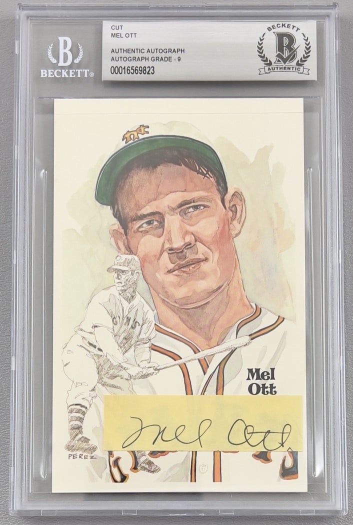Mel Ott cut signature autograph Beckett authenticated grade 9: Mel Ott cut signature autograph Beckett authenticated grade 9 Original Mel Ott cut signature from a Perez-Steele postcard, authenticated by Beckett Authentication and graded 9. This pre-owned signed c