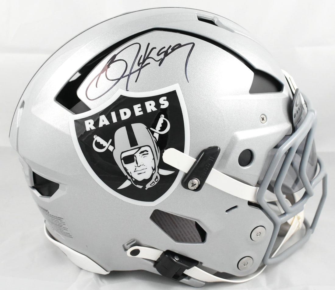 Beckett Hologram Signed Bo Jackson Raiders Full Size Axiom Helmet: Beckett Hologram Signed Bo Jackson Raiders Full Size Axiom Helmet Autographed full-size Axiom helmet featuring Bo Jackson and Las Vegas Raiders styling. This pre-owned collectible includes a Beckett W