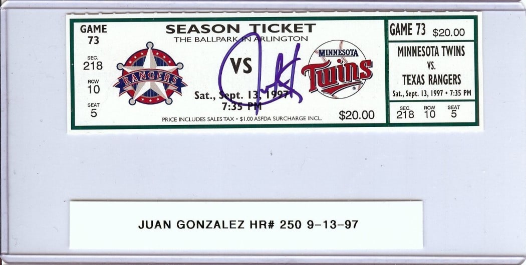 Ticket Stub Signed by Juan Gonzalez Texas Rangers 250th Home Run JSA Authenticated (1 of 3)