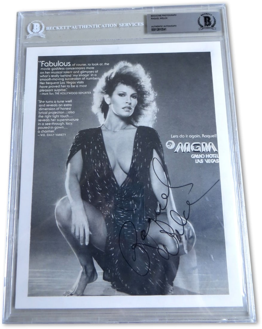 Beckett authenticated 8X10 magazine photograph signed by Racquel Welsh: Beckett authenticated 8X10 magazine photograph signed by Racquel Welsh Original 8x10 magazine photograph signed by Racquel Welsh. This pre-owned piece has been authenticated by Beckett Authentication 