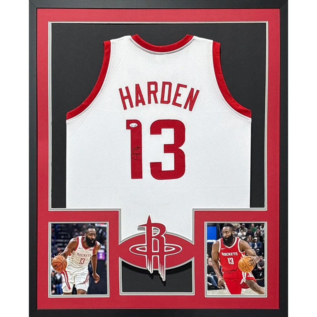 Framed Houston Rockets James Harden Signed White Jersey Beckett Authenticated: Framed Houston Rockets James Harden Signed White Jersey Beckett Authenticated Framed white Houston Rockets jersey signed by James Harden. Professionally presented with detailed framing and a team logo