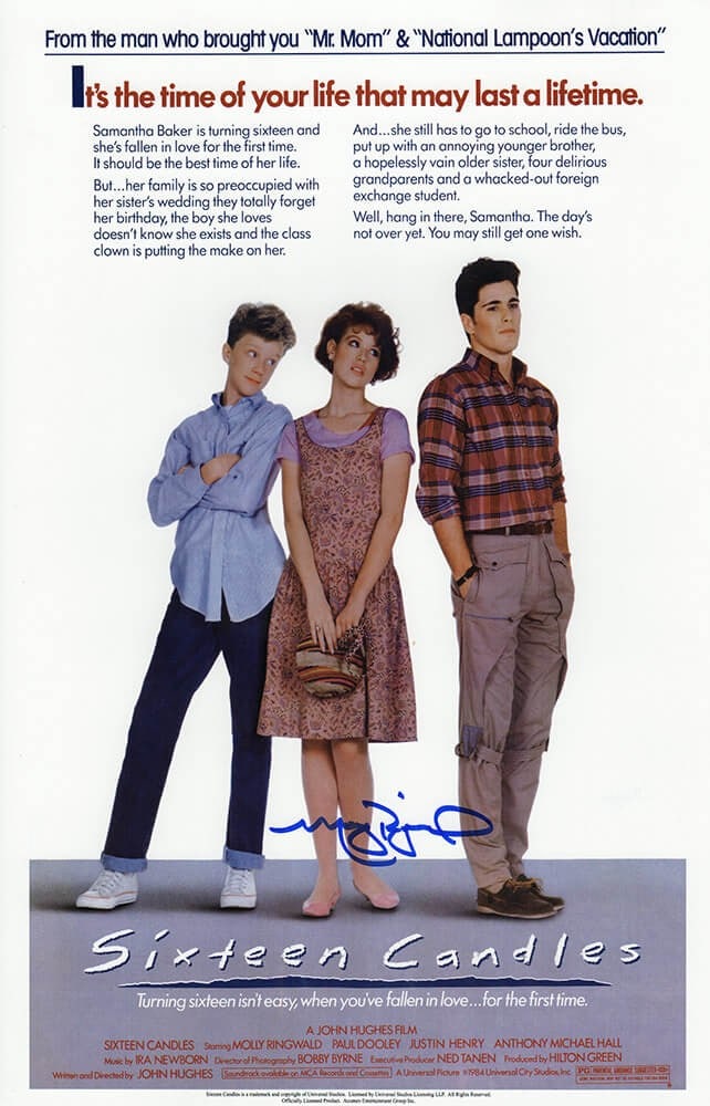 Molly Ringwald Signed Sixteen Candles 11x17 Movie Poster with COA: Molly Ringwald Signed Sixteen Candles 11x17 Movie Poster with COA This is an original 11x17 movie poster of "Sixteen Candles," signed by the iconic actress Molly Ringwald. The signature is in blue sha